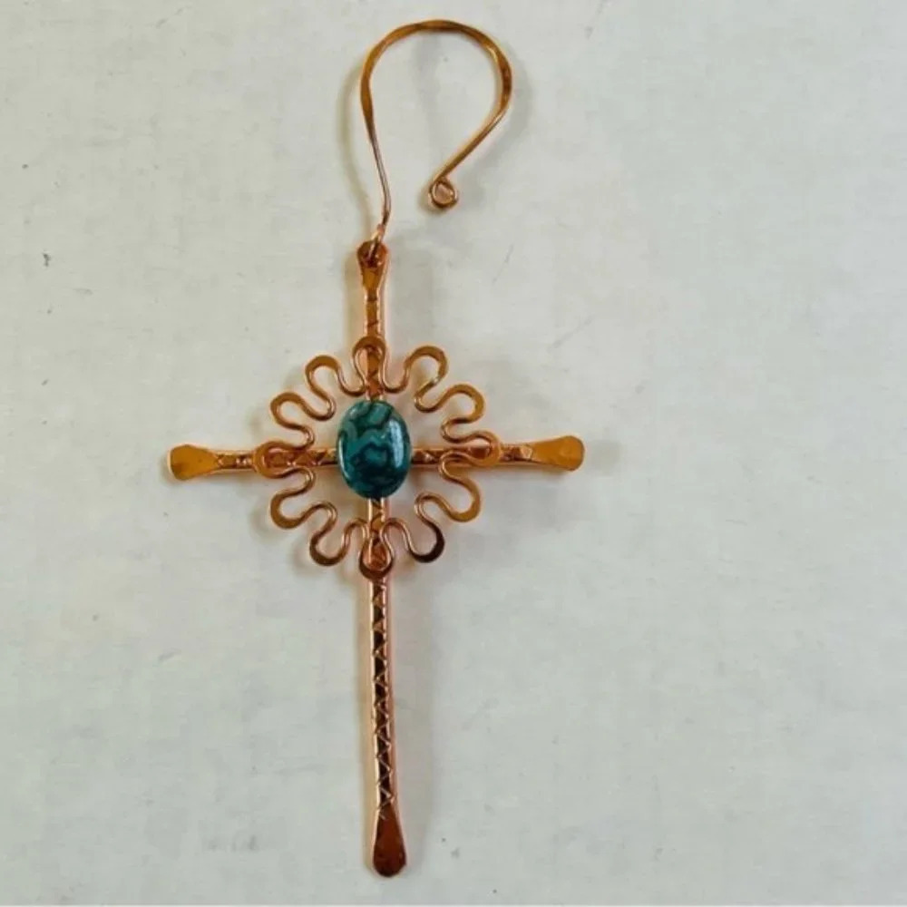 Copper Cross Blue Stone Holiday Ornament Christmas 7 Inches Church Religious‎